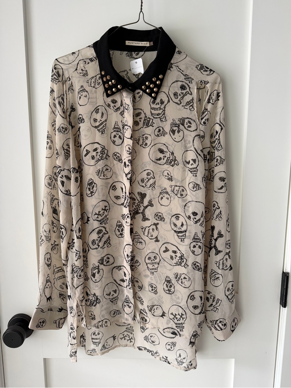 Mustard Seed Beige Sheer Skull-Print Blouse with Black Studded Collar